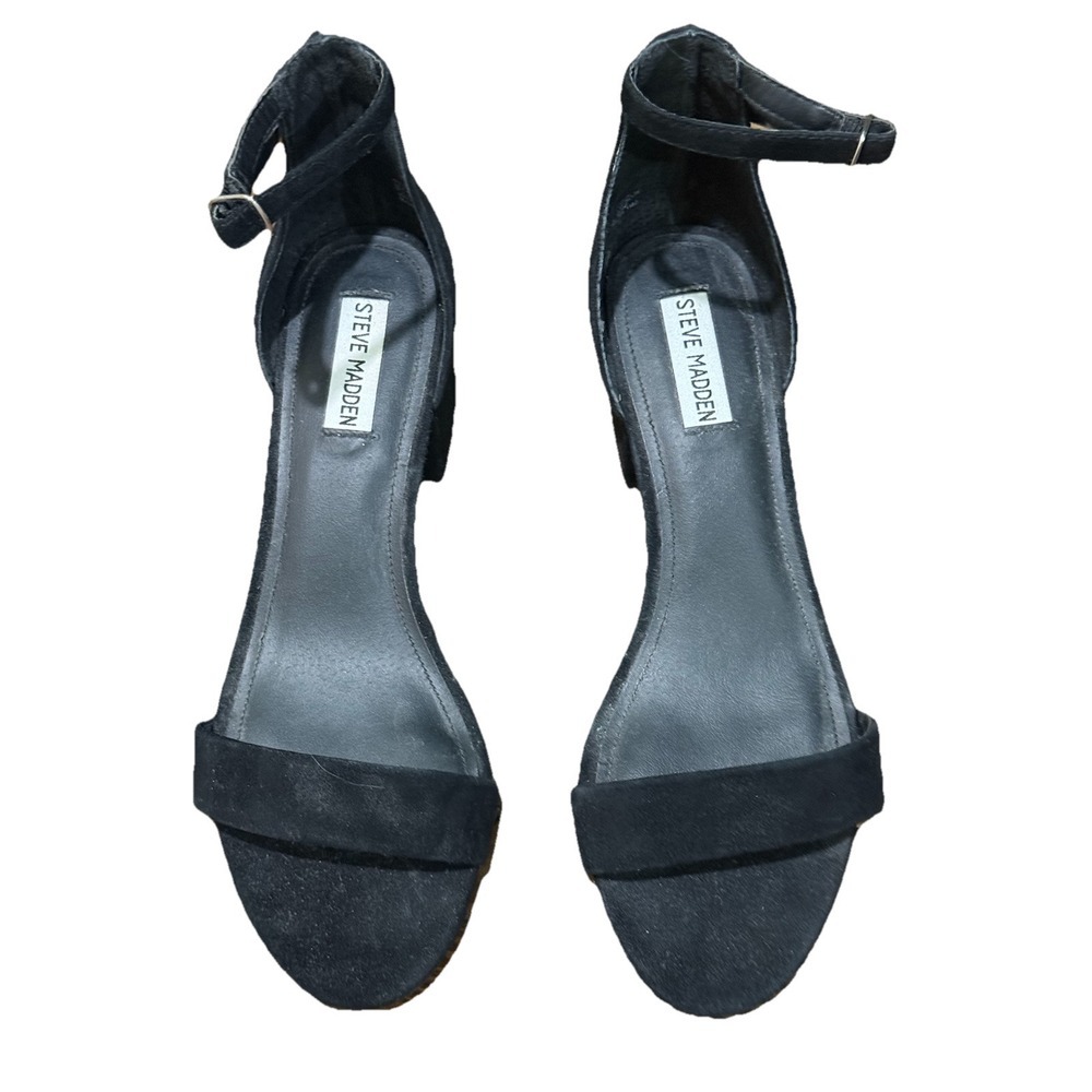 Steve Madden Irenee Black Suede Two Piece Open Toe Ankle Strap Block Heel 10